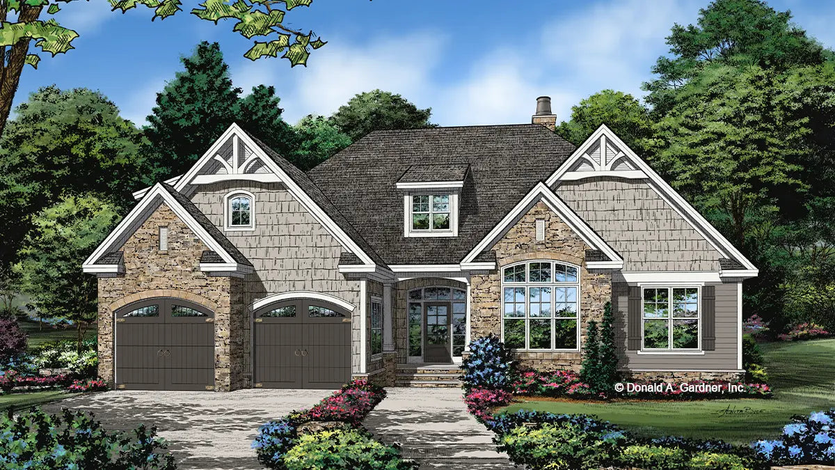 This is an illustration of the front of one story house plan 1440 The Gwendolyn