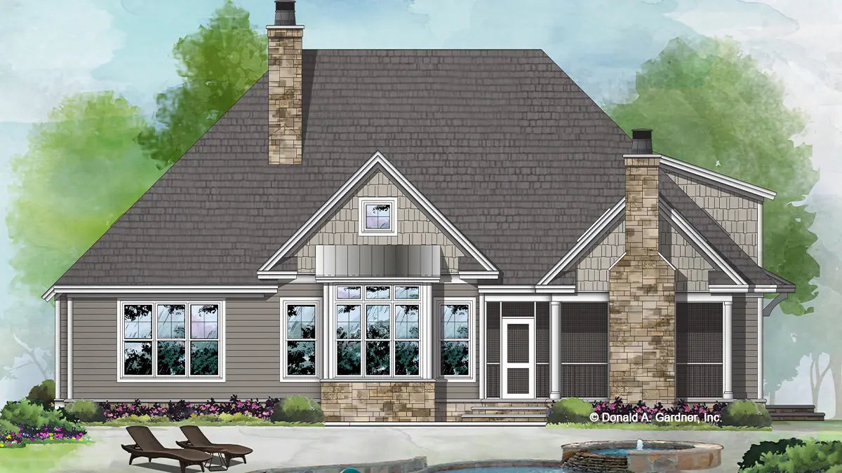 This is an illustration of the rear of rustic house plan 1440 The Gwendolyn