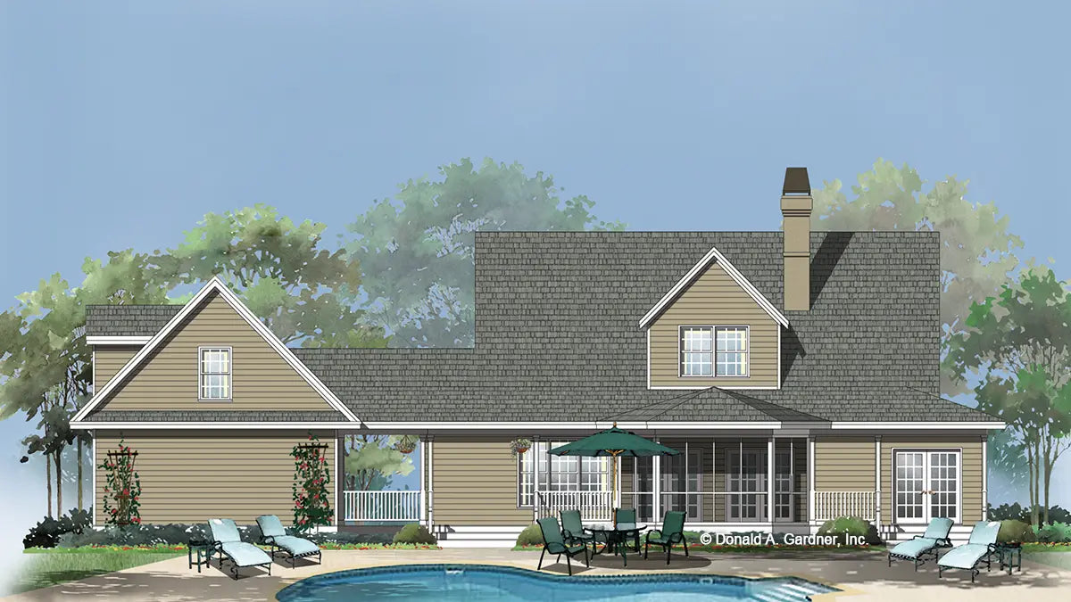 This is an illustration of the rear of country house plan 298 The Gwinett