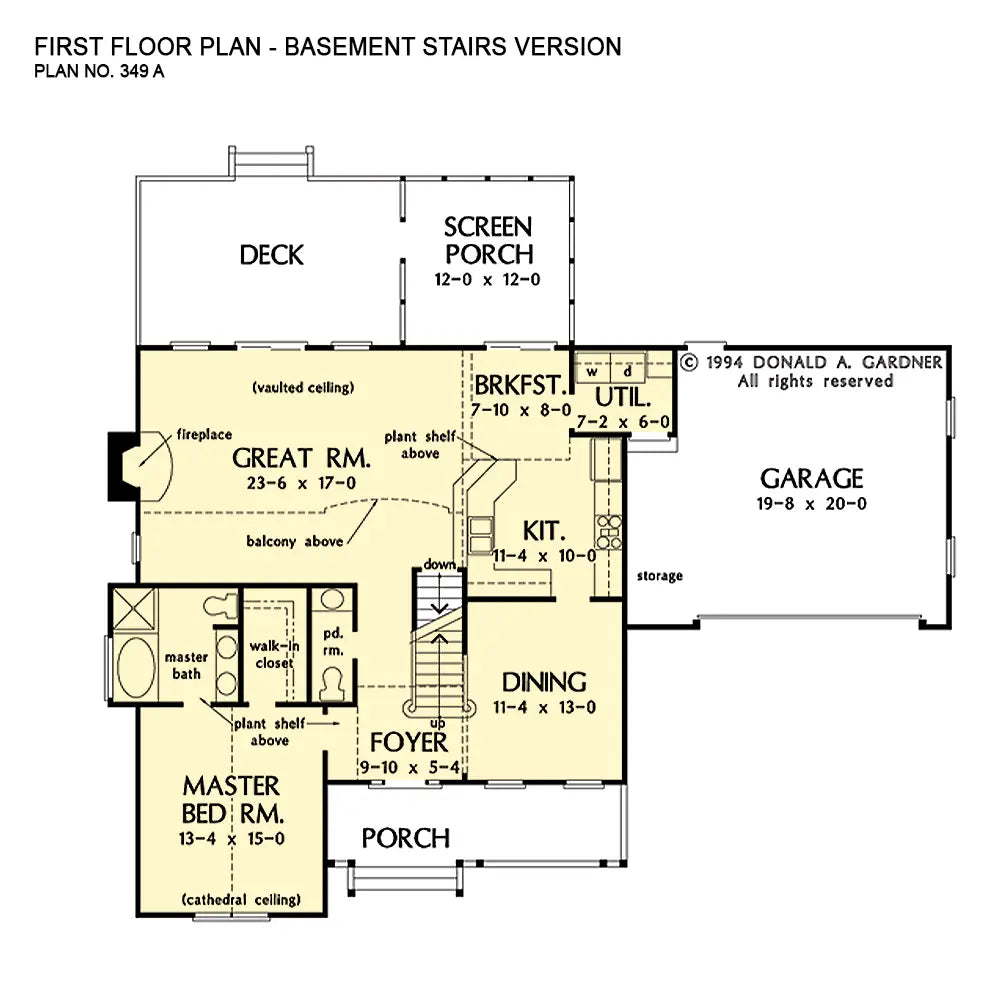 This is the first floor plan image for three bedroom house plan 349 The Halifax if the home is built over a basement