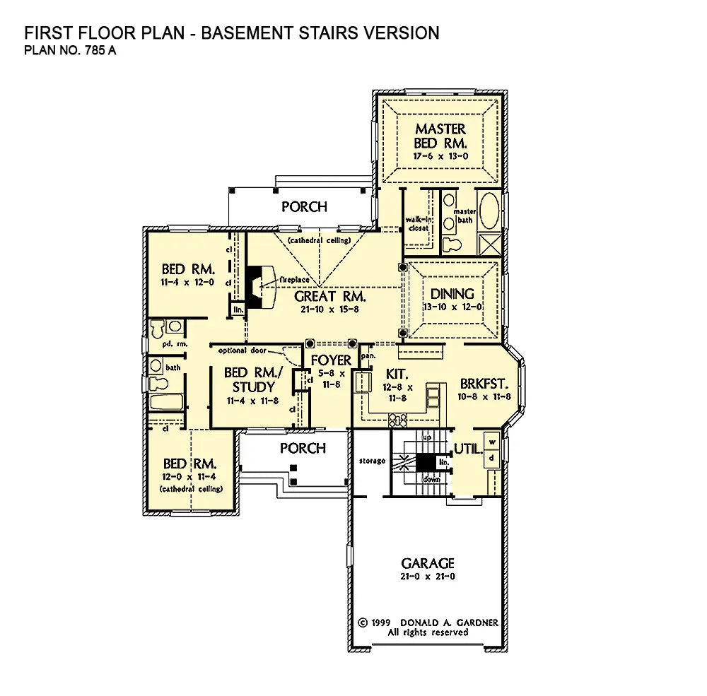 This is the first floor plan image for brick house plan 785 The Hampshire if the home is built over a basement