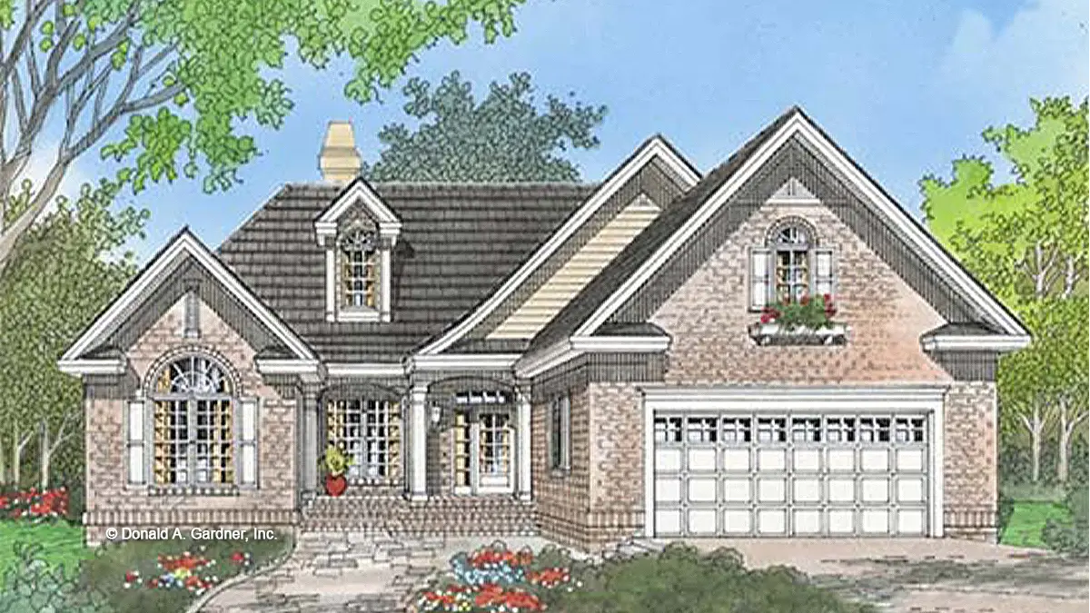 This is an illustration of the front of four bedroom house plan 785 The Hampshire