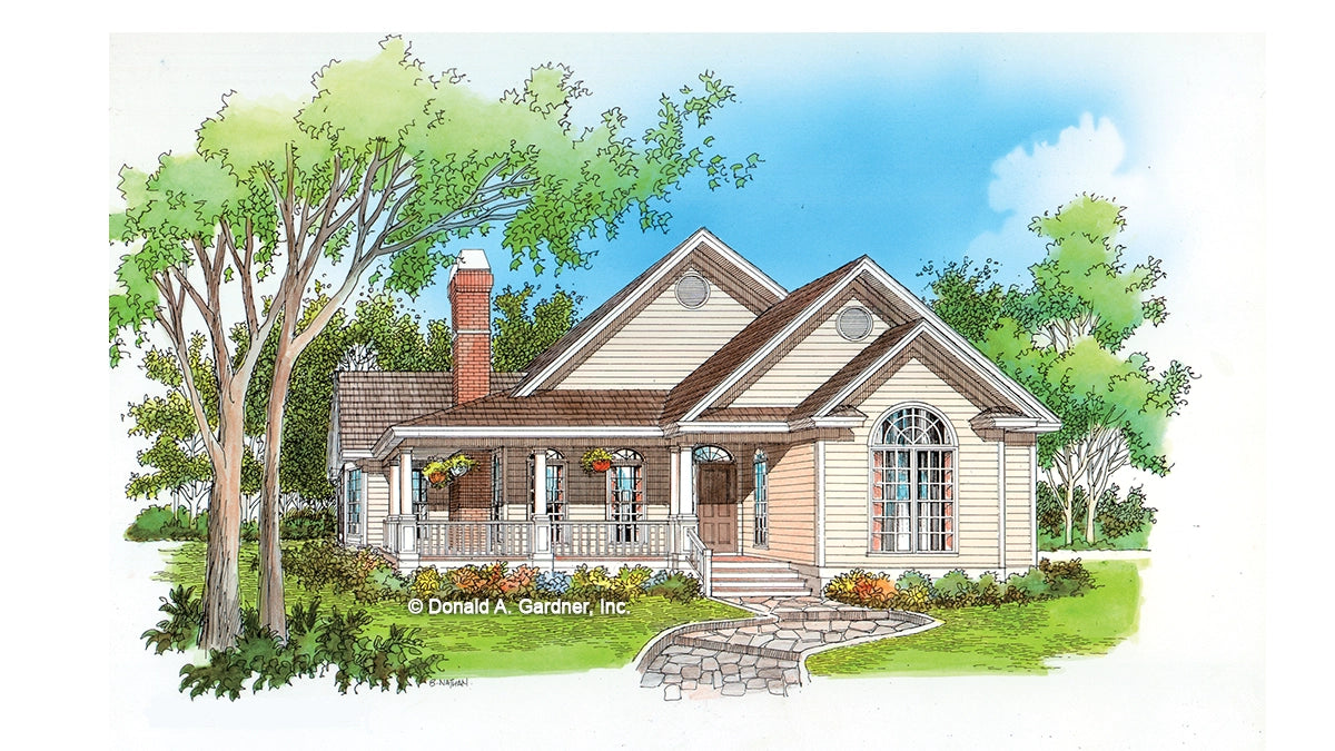 This is an illustration of the front of three bedroom house plan 288 The Hampstead I