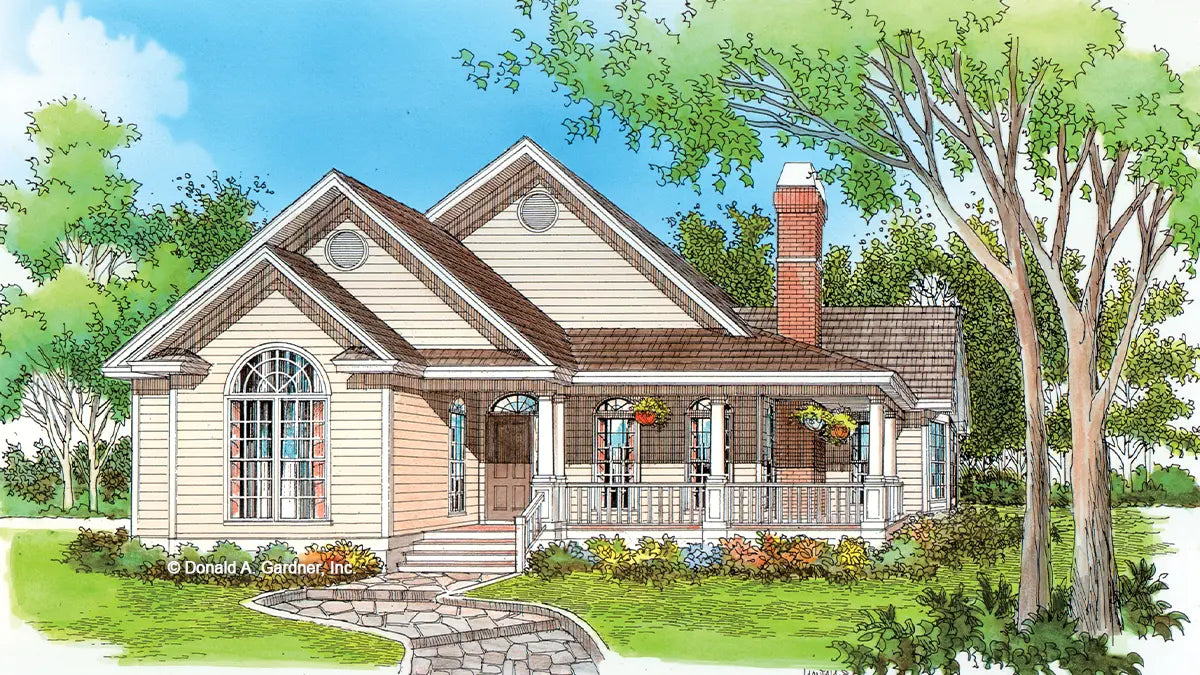 This is an illustration of the front of small house plan 289 The Hampstead II