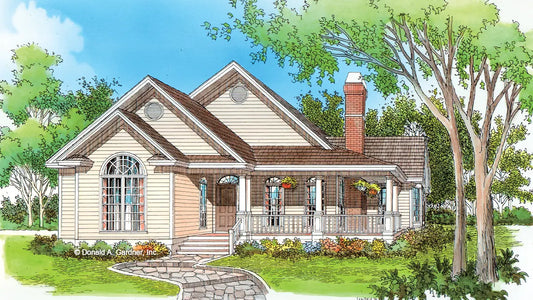 This is an illustration of the front of small house plan 289 The Hampstead II