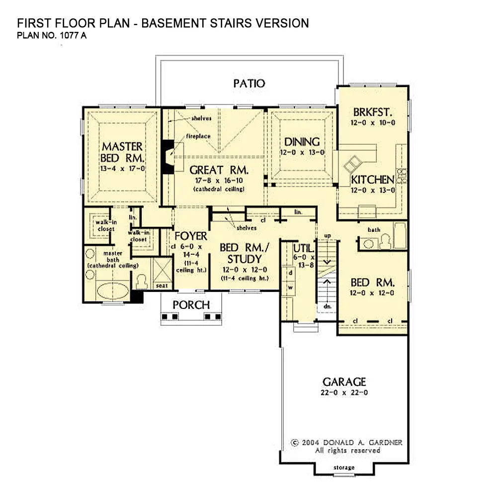 first floor plan showing the adjustments to add a set of stairs for access to the optional basement