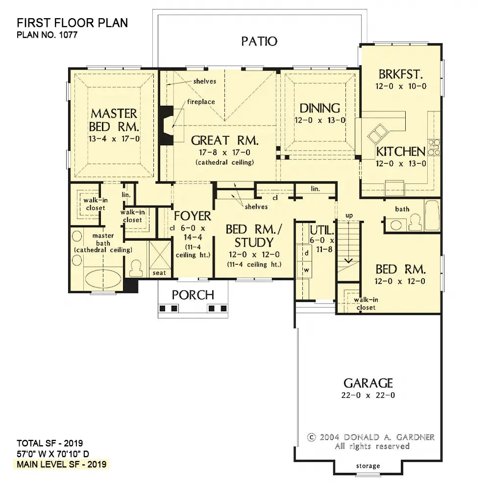 first floor layout with a courtyard garage, a study, master suite on the left and 1 bedroom and the kitchen on the right with the great room in the middle