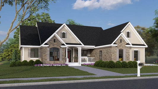 This is an illustration of the rear of ranch house plan 1287 The Hardesty