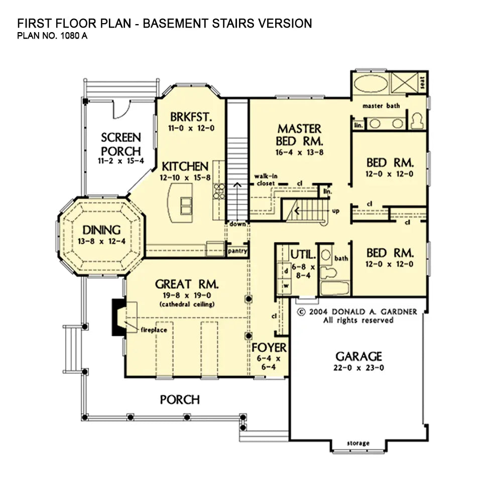 This is the first floor plan image for three bedroom house plan 1080 The Harmony Point if the home is built over a basement