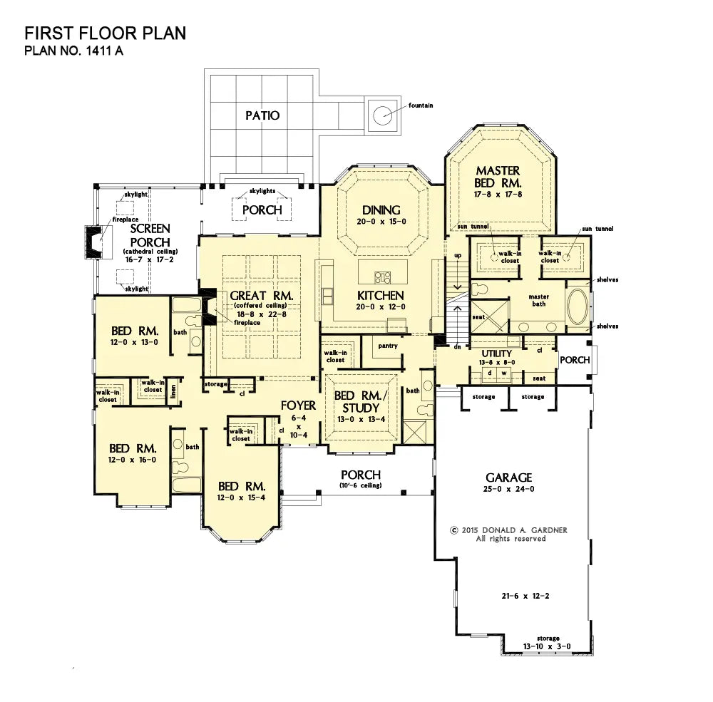 This is the first floor plan image for five bedroom house plan 1411 The Harper if the home is built over a basement