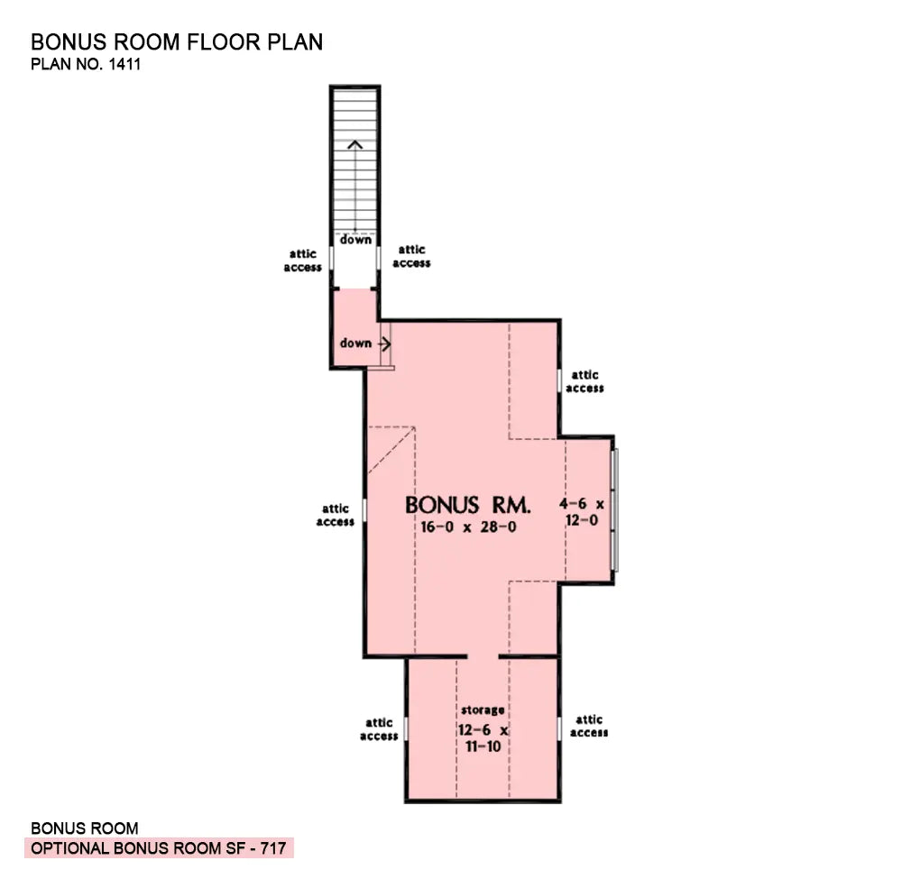 This is the bonus room floor plan image for one story house plan 1411 The Harper