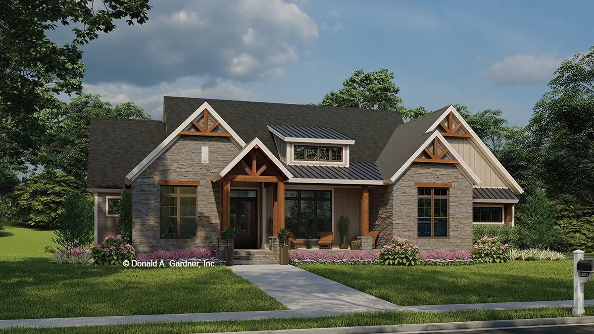 This is an illustration of the front of rustic house plan 1652 The Harrington