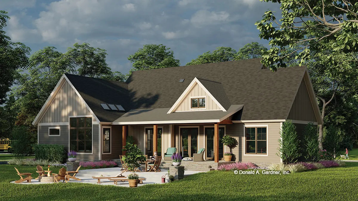 This is an illustration of the rear of craftsman house plan 1652 The Harrington