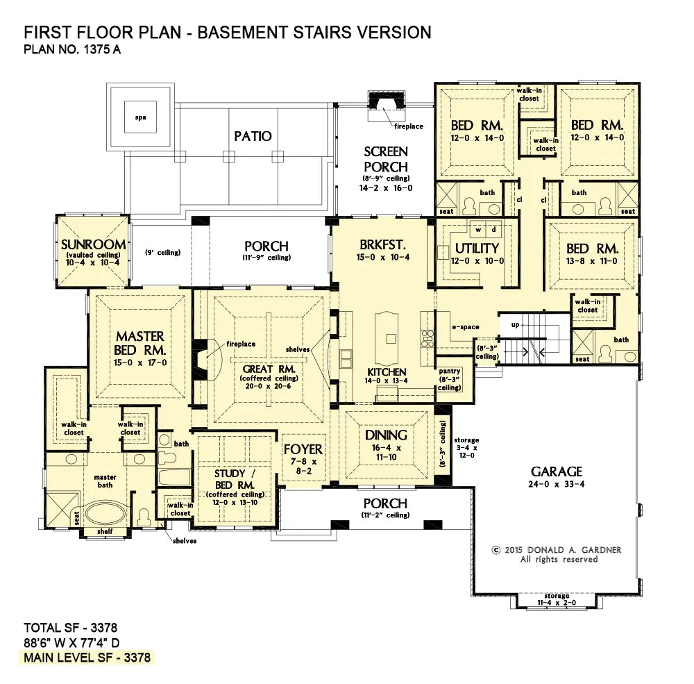 This is the first floor plan image for house plan 1375 The Harrison if the home is built over a basement