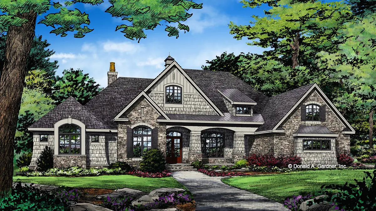 This is an illustration of the front of Luxury Craftsman house plan 1375 The Harrison