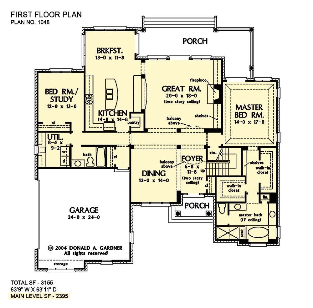 first floor plan has dining area next to former, large open great room, kitchen with a bar and an ample breakfast nook