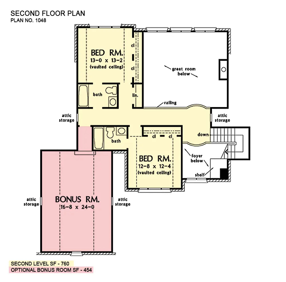 second floor layout has open area above the great room, 2 bedrooms, 2 baths, a bonus room and open areas over the foyer