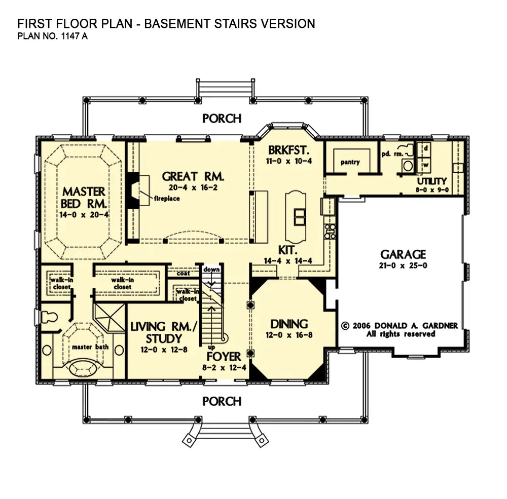 This is the first floor plan image for brick house plan 1147 The Hartswick if the home is built over a basement