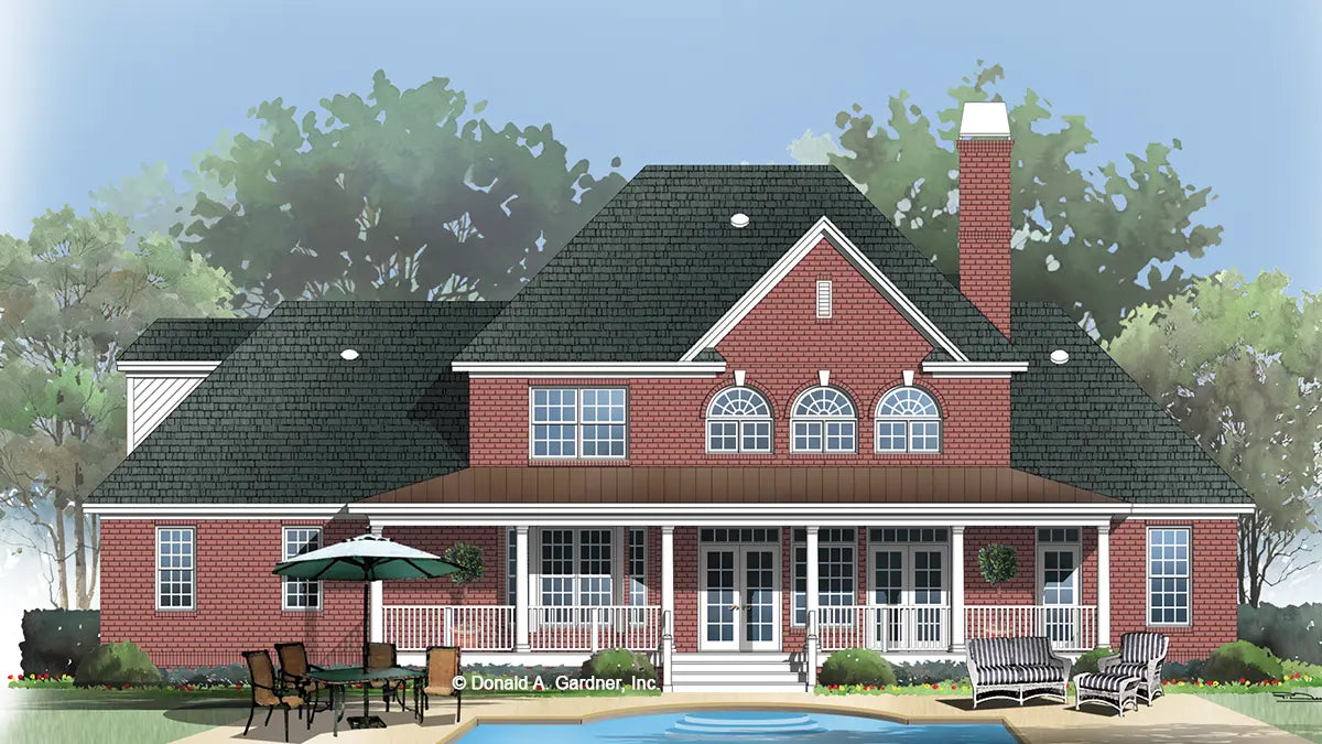 This is an illustration of the rear of brick house plan 1147 The Hartswick