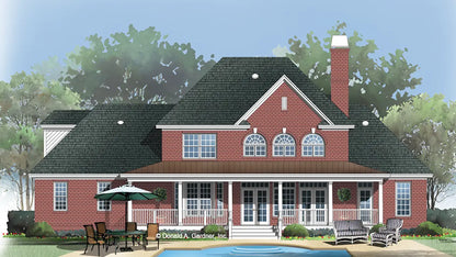 This is an illustration of the rear of brick house plan 1147 The Hartswick