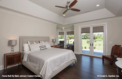 Tray ceilings and french patio doors in the master bedroom. The Hartwell plan 1221.