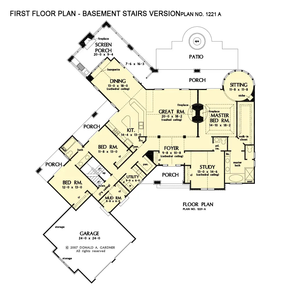 This is the first floor plan image for rustic house plan 1221 The Hartwell if the home is built over a basement