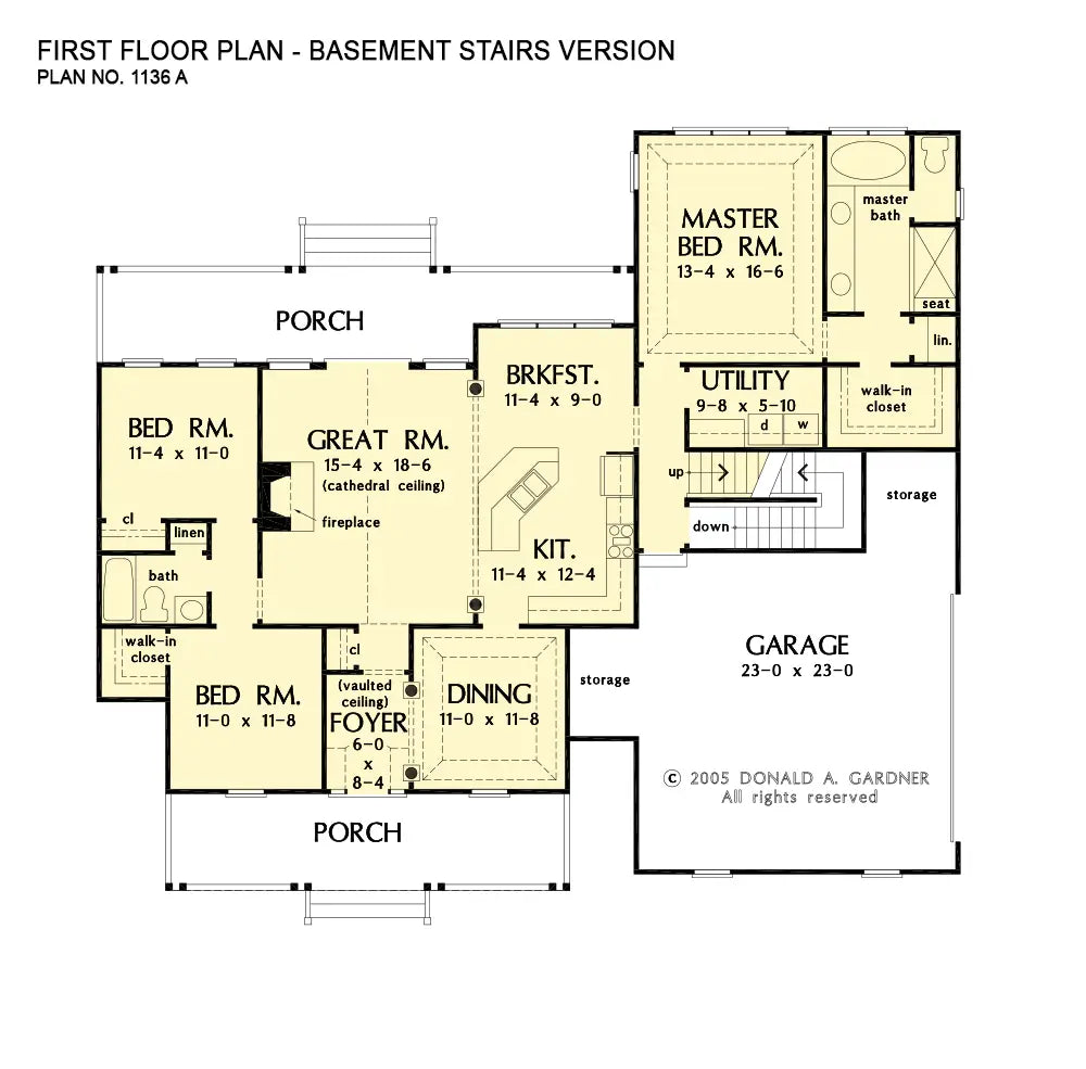 This is the first floor plan image for southern living house plan 1136 The Hatfield if the home is built over a basement