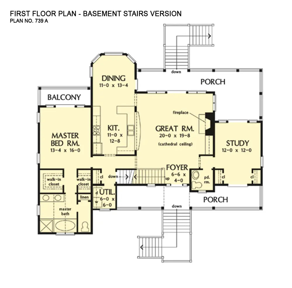 This is the first floor plan image for coastal house plan 739 The Hatteras if the home is built over a basement