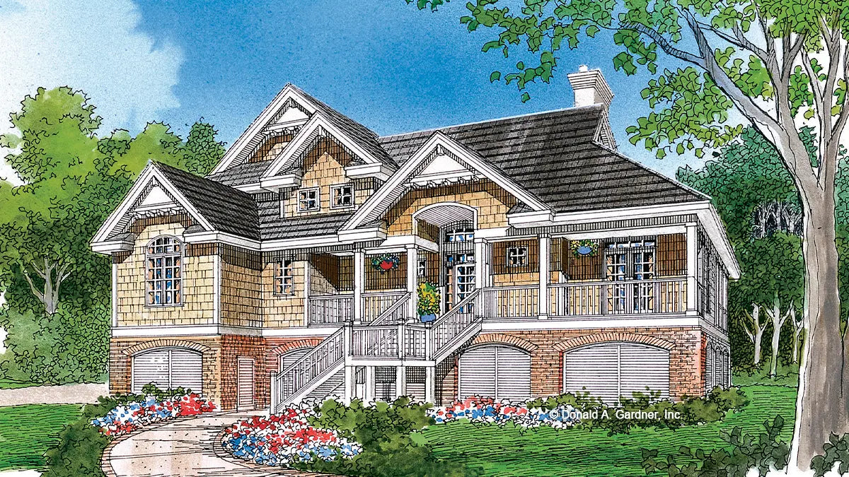 This is an illustration of the front of beach house plan 739 The Hatteras