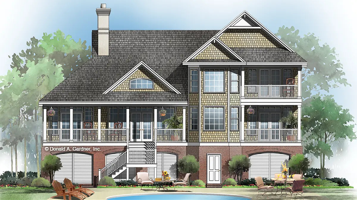 This is an illustration of the rear of coastal house plan 739 The Hatteras