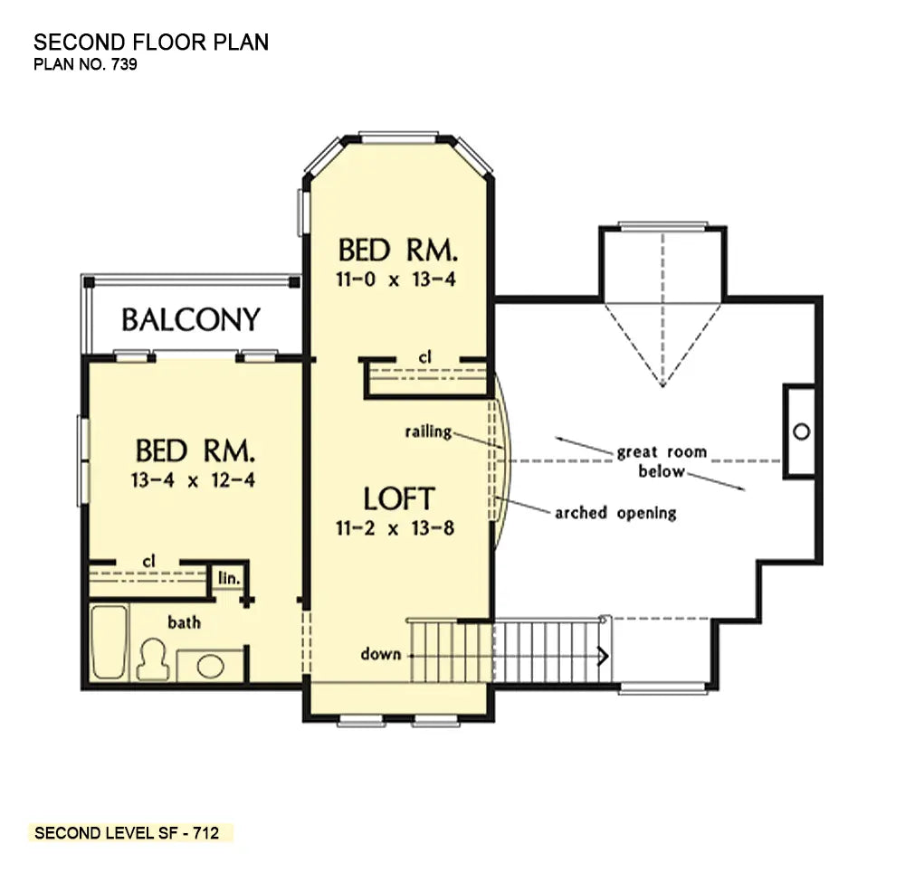 This is the second floor plan image for three bedroom house plan 739 The Hatteras