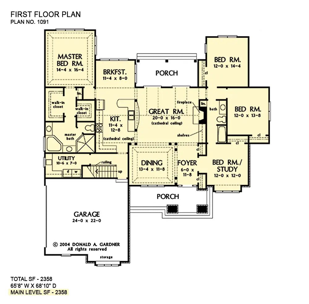 first floor layout with 2 bedrooms and a study on the right, foyer next to the formal dining area and great room in the center back which is open to the kitchen and breakfast nook to the left, behind which is the master suite