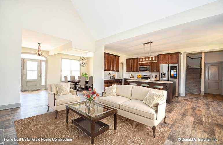 Open floor plan, view from the great room into the kitchen. The Hazelwood plan 884. 