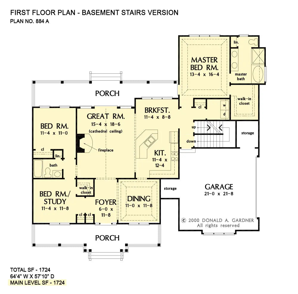 This is the first floor plan image for small house plan 884 The Hazelwood if the home is built over a basement