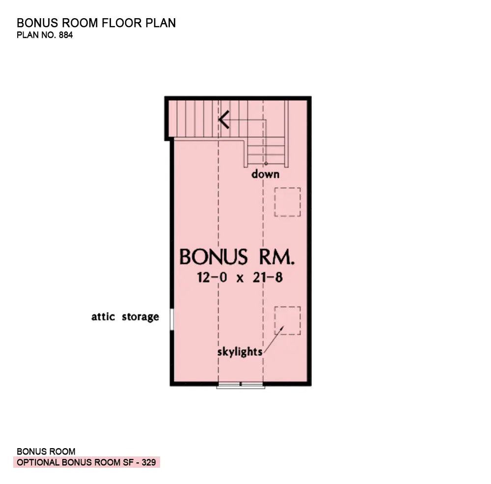 This is the bonus room floor plan image for three bedroom house plan 884 The Hazelwood