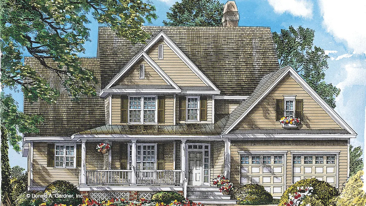 This is an illustration of the front of country house plan 945 The Heartland 