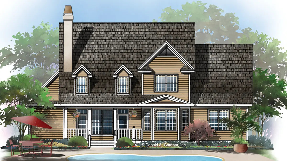 This is an illustration of the rear of farmhouse house plan 945 The Heartland