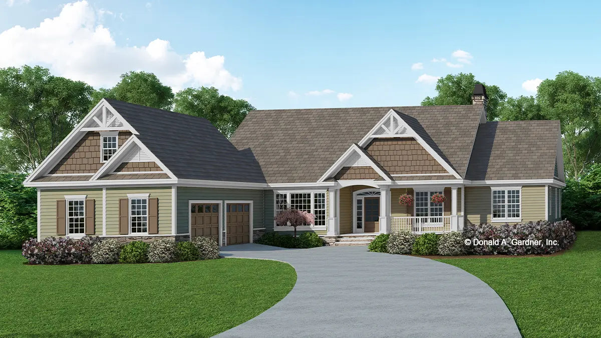 This is an illustration of the front of walkout basement house plan 763 The Heathridge