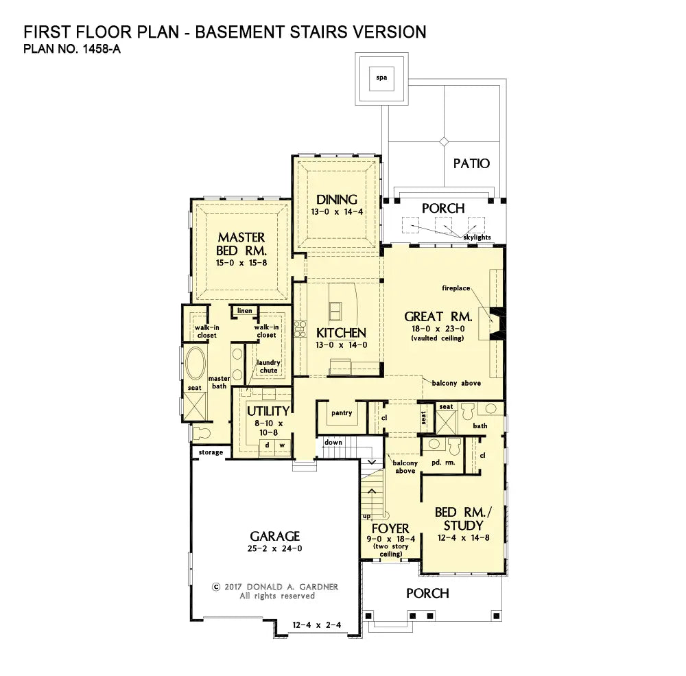 This is the first floor plan image for craftsman house plan 1458 The Hedlund if the home is built over a basement