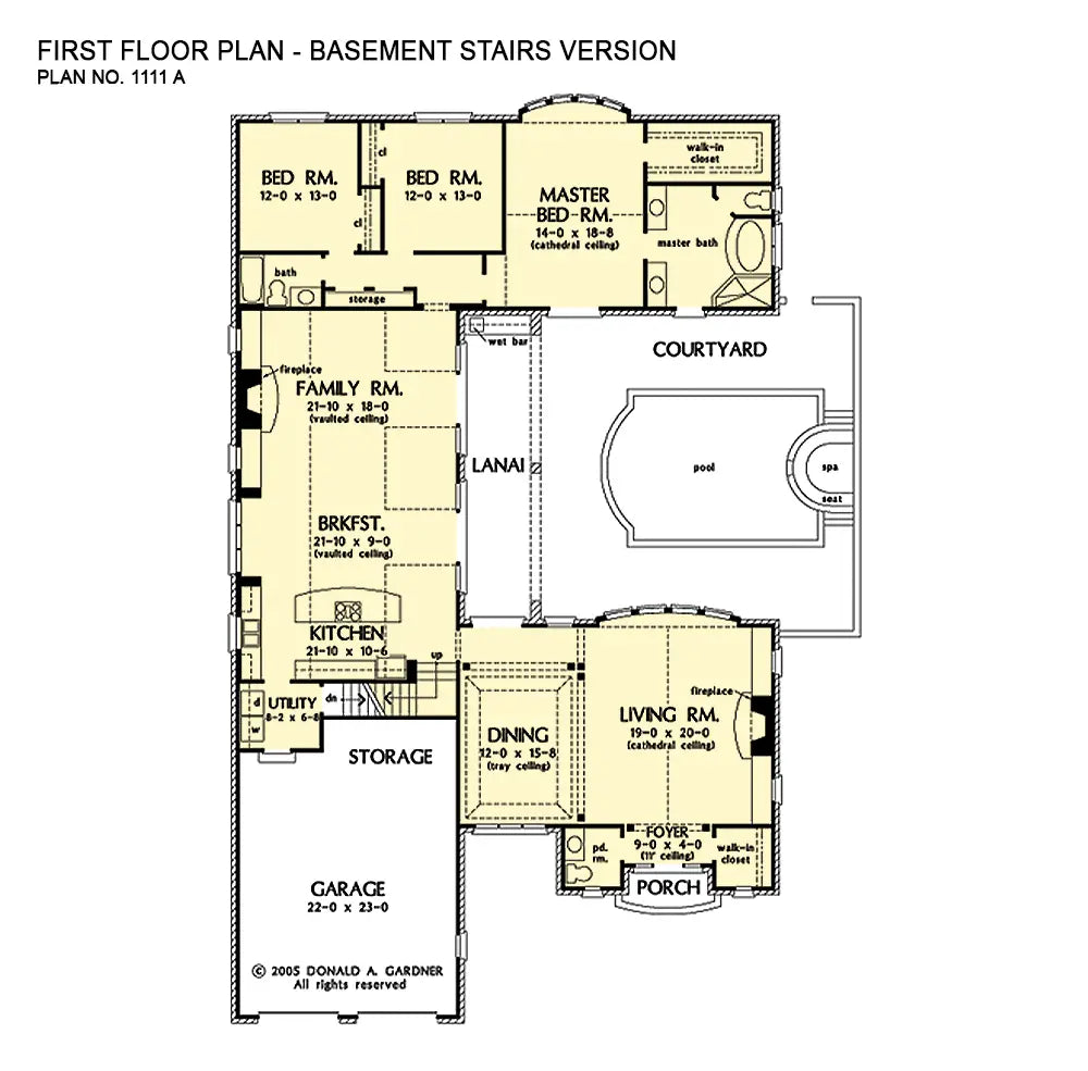 This is the first floor plan image for three bedroom house plan 1111 The Hembree if the home is built over a basement