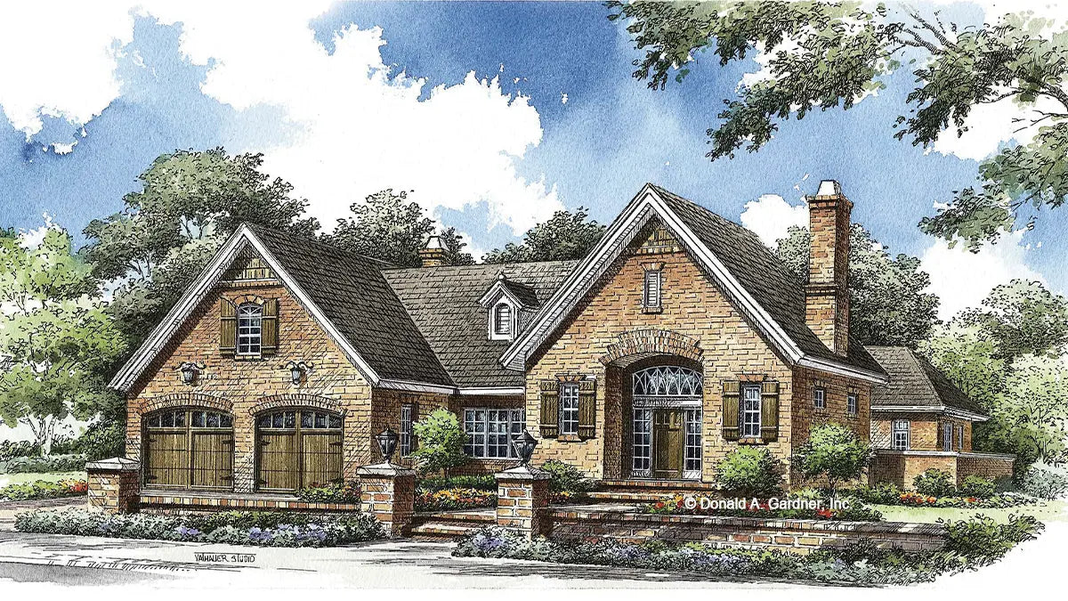 This is an illustration of the front of european house plan 1111 The Hembree