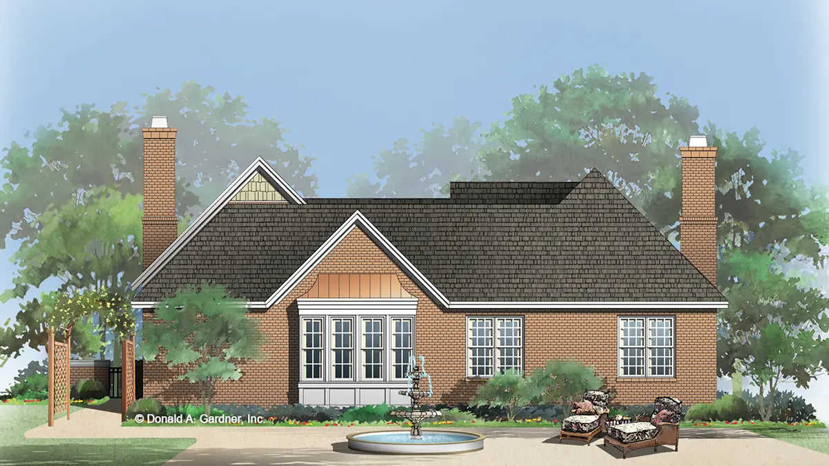 This is an illustration of the rear of three bedroom house plan 1111 The Hembree