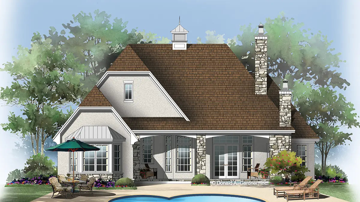 Rear view illustration of a European influenced style home. The Hemingford plan #1231.