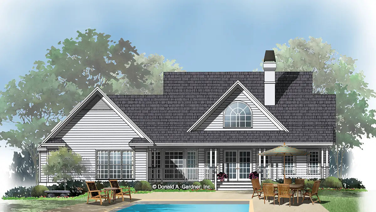 This is an illustration of the rear of country house plan 439 The Henderson