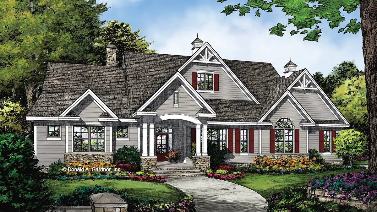 This is an illustration of the front of four bedroom house plan 1370 The Hendricks