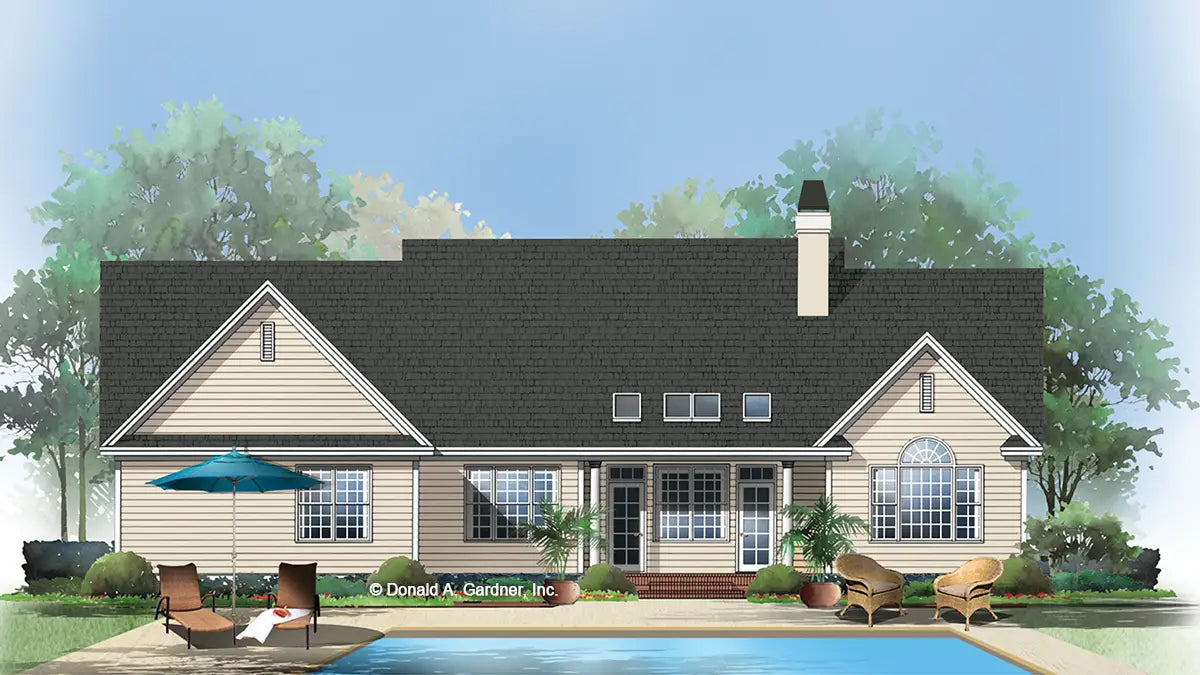 This is an illustration of the rear of four bedroom house plan 951 The Hepplewhite