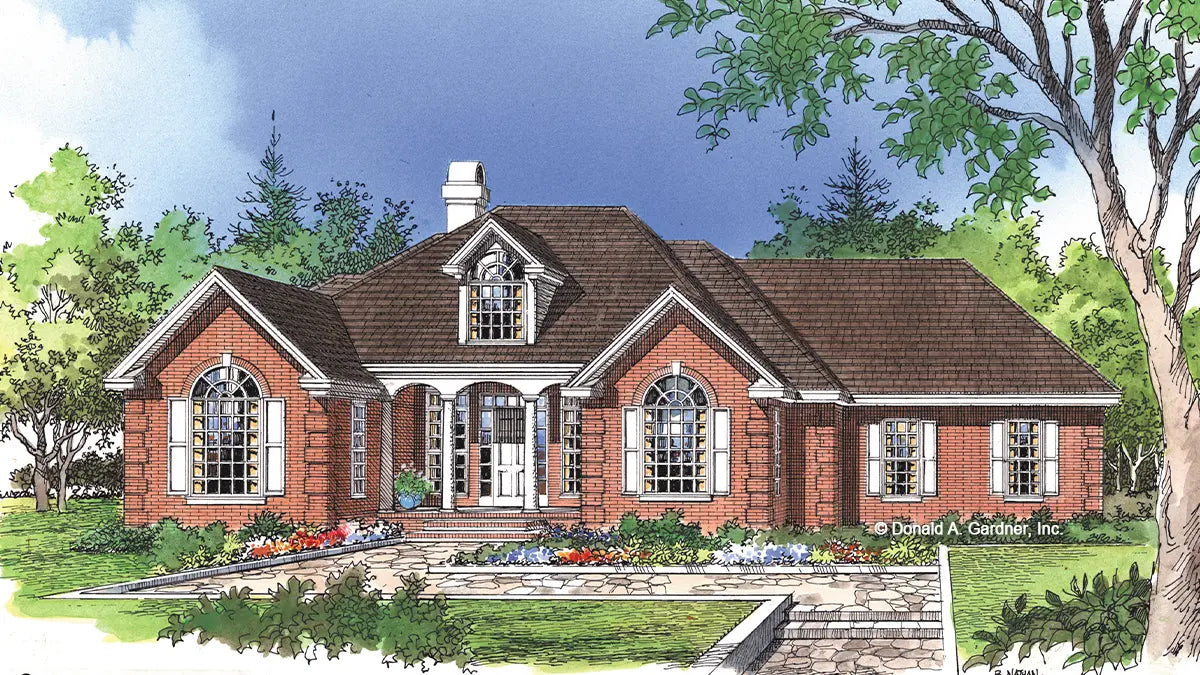 This is an illustration of the front of four bedroom house plan 302 The Herndon