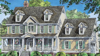 Front view illustration two story home. The Heywood plan 991.