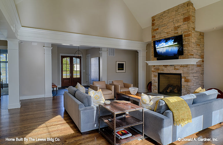 This is a photograph of the great room and foyer of luxury house plan 5001 The Hickory Place as built by a customer