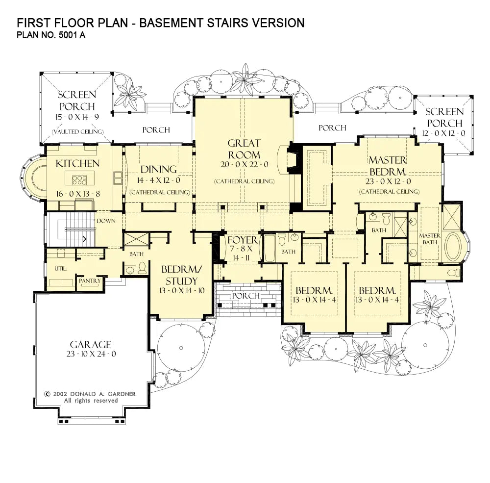 This is the first floor plan image for four bedroom house plan 5001 The Hickory Place if the home is built over a basement